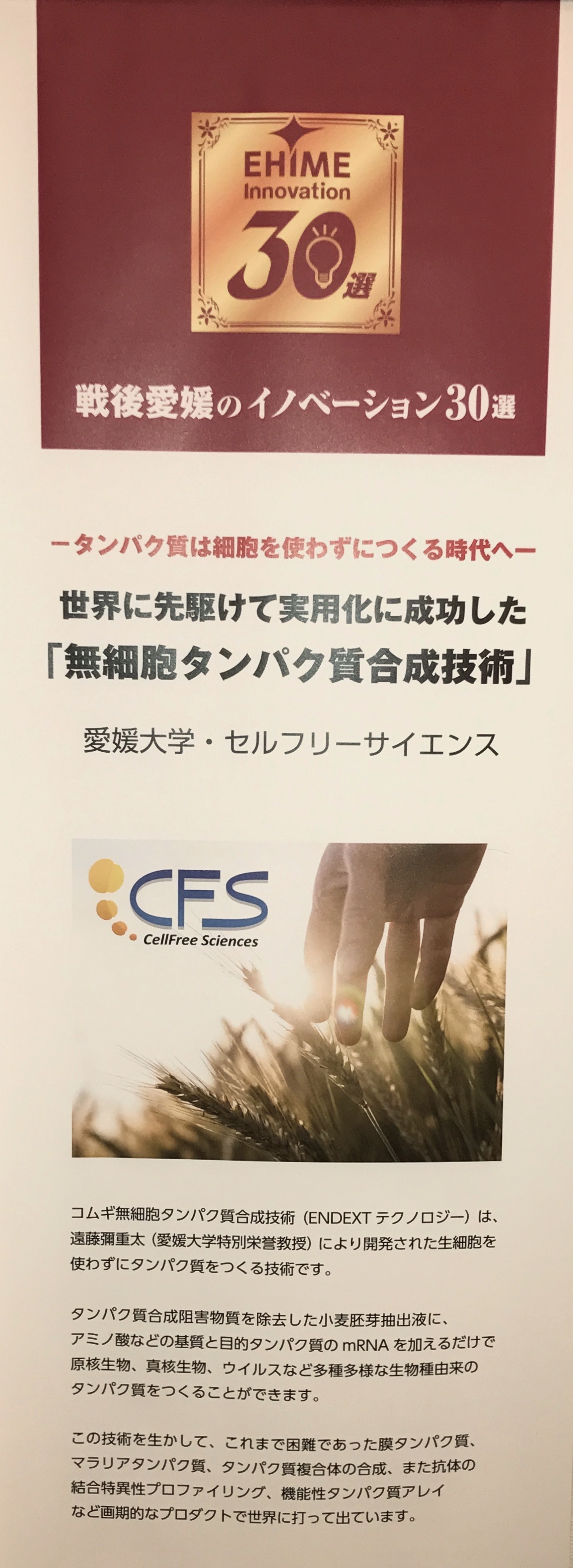 今回選出された「コムギ無細胞タンパク質合成技術」について記したタペストリー